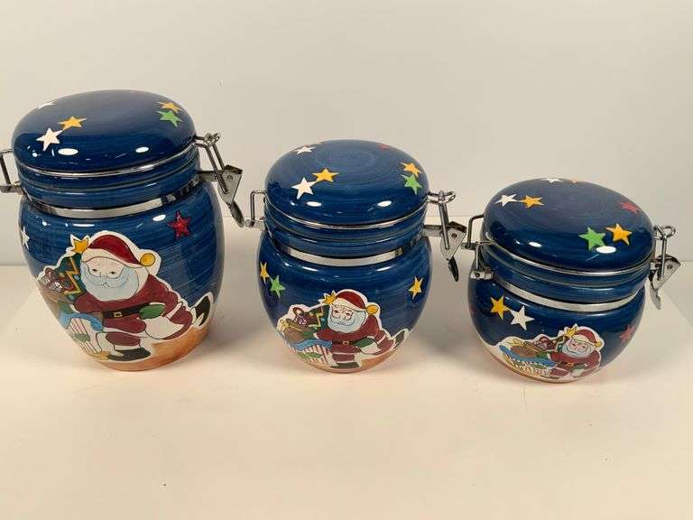 3 Santa-Themed Ceramic Canisters With Clamp Lids
