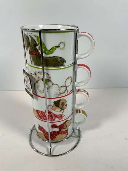 Pier 1 Holiday Dog Design Stackable Mugs with Stand
