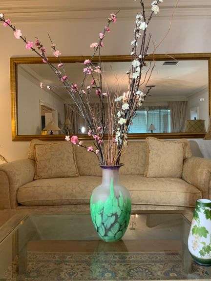 Frosted Glass Vase with Green and Purple Design, 15.5” Tall