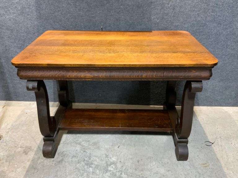 Wooden Oak Desk with Decorative Base and Single Drawer