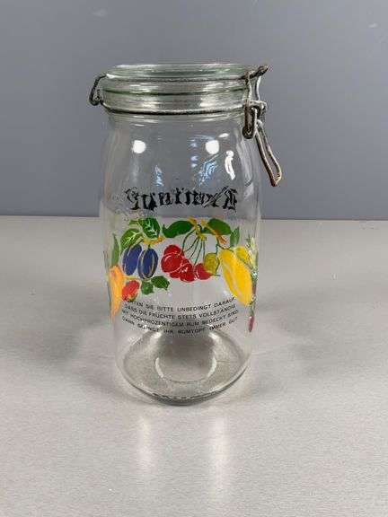 Glass Rumtopf Jar with Fruit Design and Bail Lid