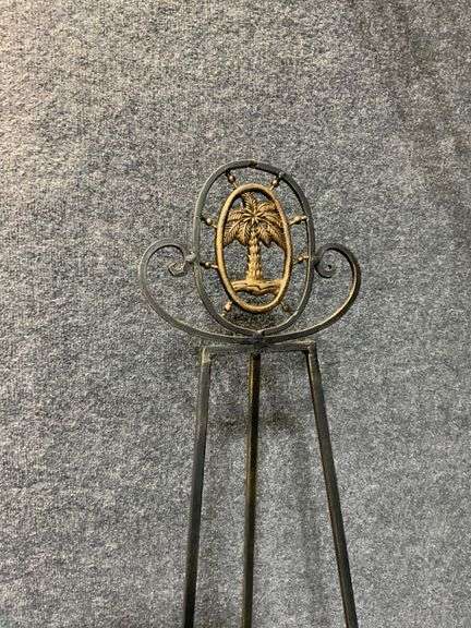 Black Metal Easel with Decorative Palm Tree Motif