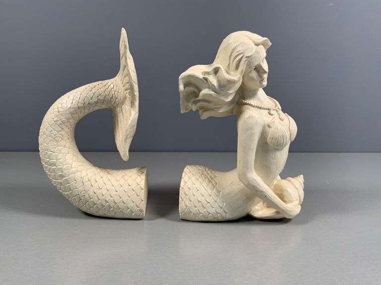Two-Piece Sculptural Mermaid Bookends With Tail and Upper Body