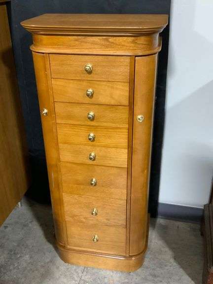 Powell Oak Jewelry Armoire with Mirror and Multiple Drawers