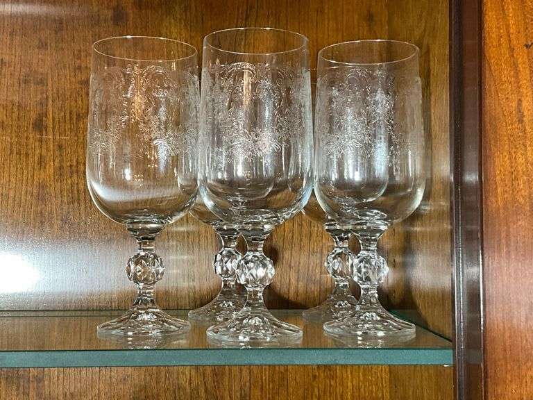 Five Etched Glass Goblets with Faceted Stems