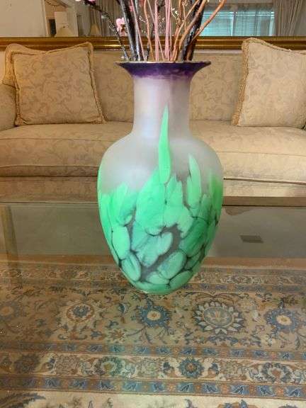 Frosted Glass Vase with Green and Purple Design, 15.5” Tall