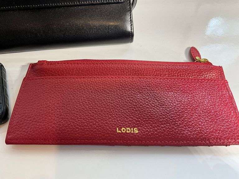 3 Lodis Leather Accessories: Black Clutch, Red Wallet, Black Card Holder