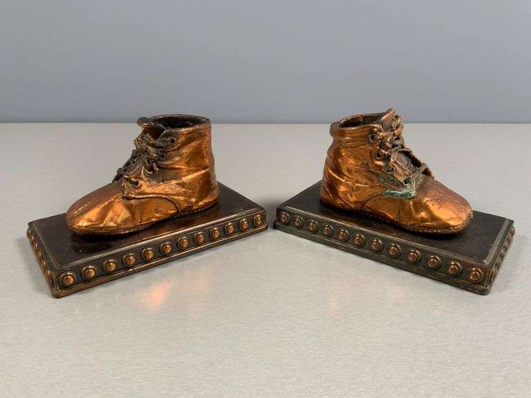 Copper-Finished Baby Shoe Bookends on Decorative Bases