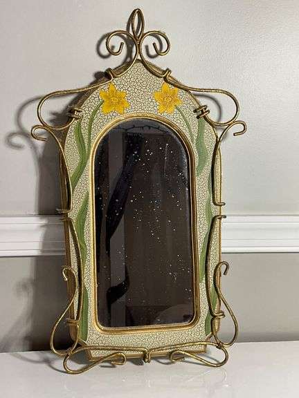 Decorative Wall Mirror With Floral Design and Metal Frame