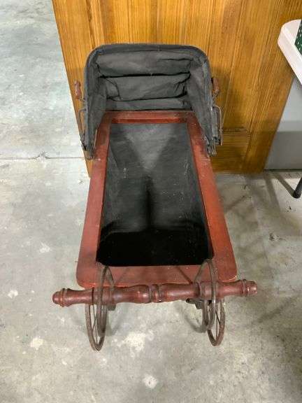 Victorian-Style Metal and Wood Doll Stroller with Canopy