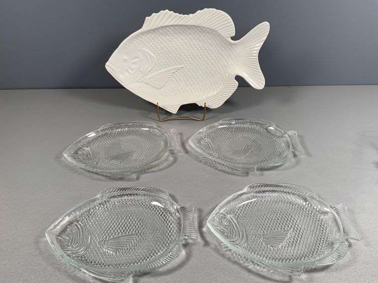 Fish-Shaped Clear Glass Plates and Ceramic Serving Platter