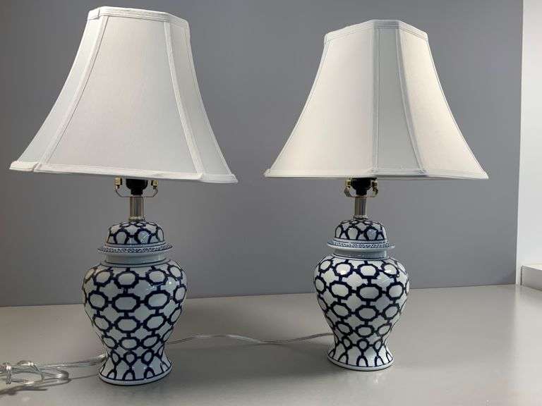 Ceramic Table Lamps with Blue Geometric Pattern and White Shades