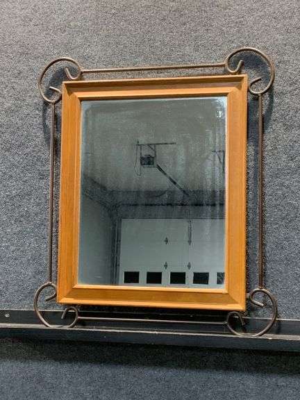 Wood-Framed Mirror with Metal Scrollwork Corners