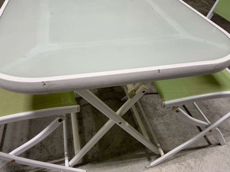 Folding Bistro Set with White Metal Frame and Green Mesh Chairs