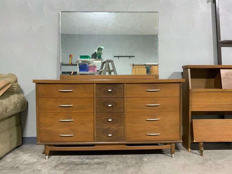 Mid-Century Swedish Walnut Triple Dresser With Mirror and 9 Drawers