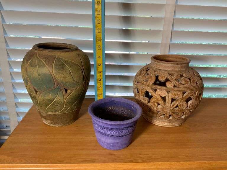 Three Decorative Pottery Planters With Carved Designs