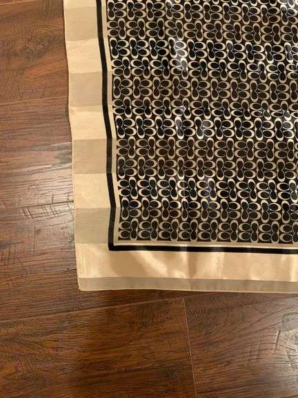Coach Silk Scarf With Signature Pattern and Beige Border