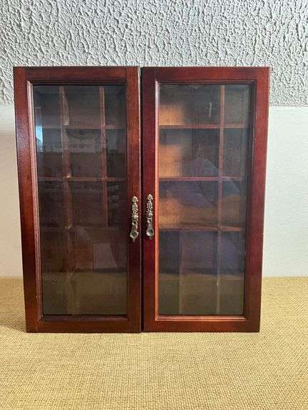 Wooden Display Case With Dual Glass Doors and Divided Compartments