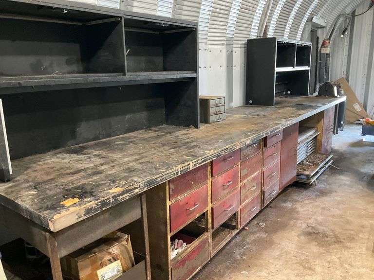Industrial-Style Workbench with Storage Drawers and Shelving