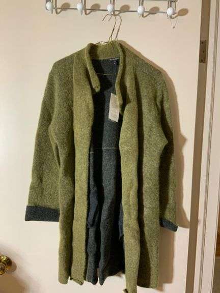 Eileen Fisher Mohair Cardigan in Olive and Gray, Size Medium