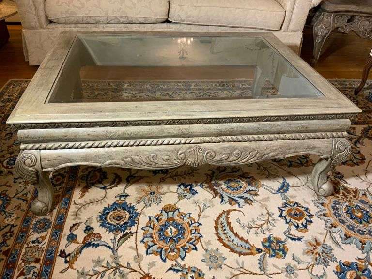 Rectangular Beveled Glass Coffee Table with Carved Base