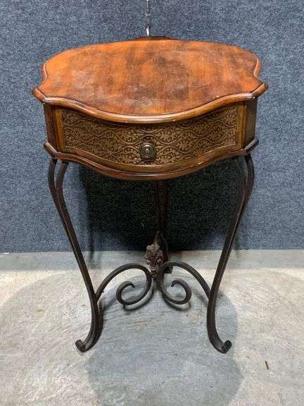 Wood and Metal Side Table With Single Drawer and Decorative Legs
