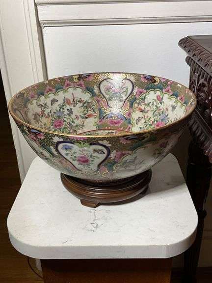 Porcelain Decorative Bowl with Floral and Figurative Motifs on Wooden Base