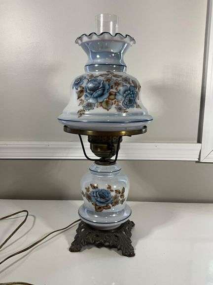 Vintage Electric Hurricane Lamp with Hand-Painted Floral Design and Glass Chimney