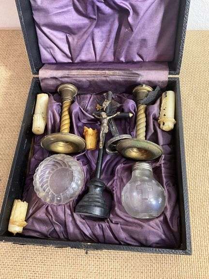 Antique Catholic Sick Call/Last Rites Kit with Box and Religious Items