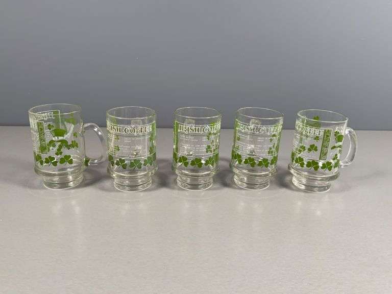 5 Irish Coffee Glass Mugs with Shamrock Design