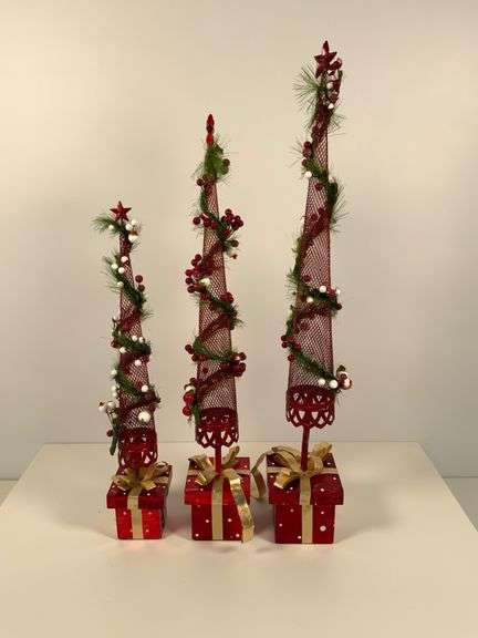 Three Decorative Red Metal Holiday Trees with Presents Base