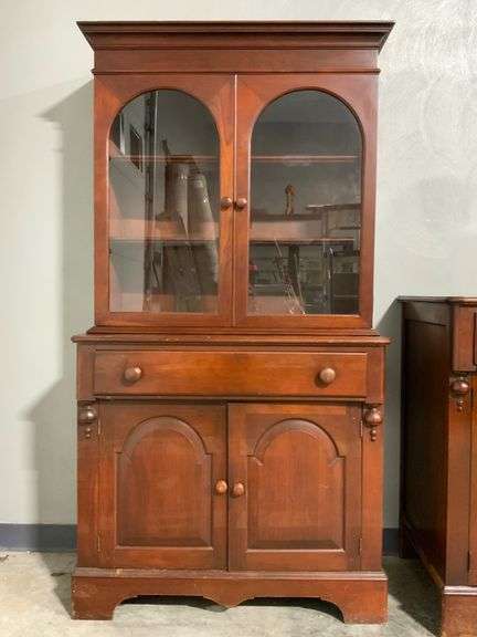 Two-Piece Wooden Hutch with Arched Glass Doors and Storage