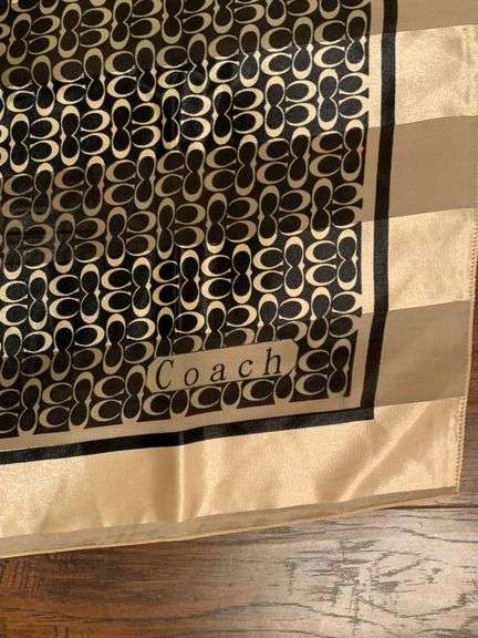 Coach Silk Scarf With Signature Pattern and Beige Border