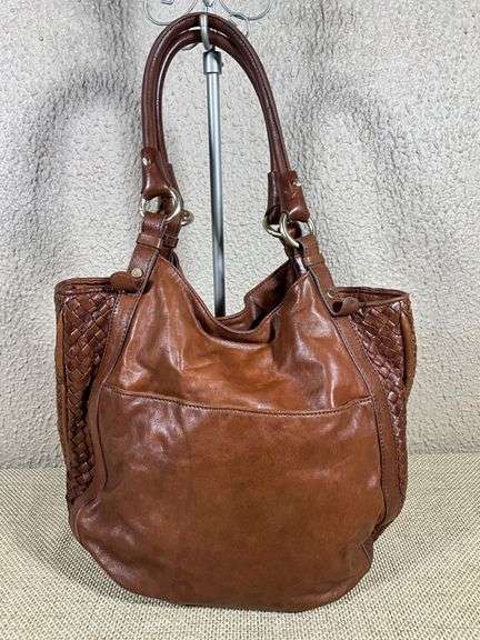 Liz Claiborne Brown Leather Tote Bag With Woven Accents