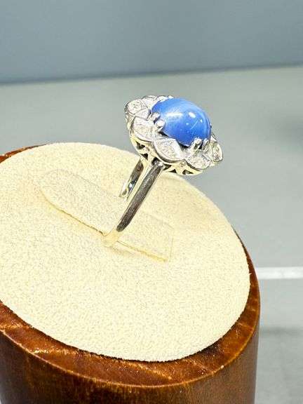 Silver Ring With Synthetic Star Sapphire and Diamonds, Size 6.5