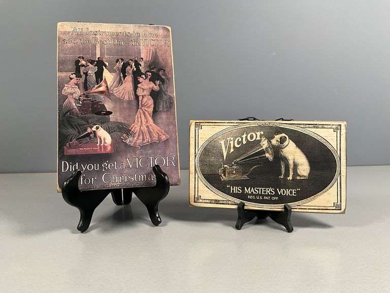 Victor Phonograph Signs Featuring ‘His Master’s Voice’ and Christmas Promotion