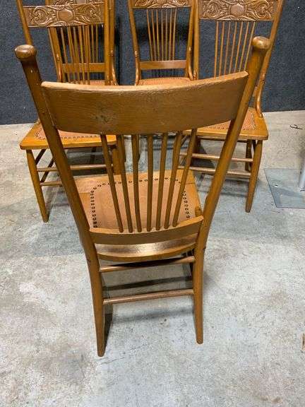 Five Wooden Chairs with Embossed Leather Looking Seats and Decorative Backs