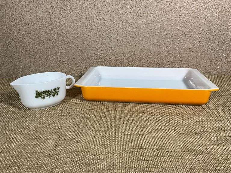 Pyrex Milk Glass Gravy Boat and Orange Baking Dish