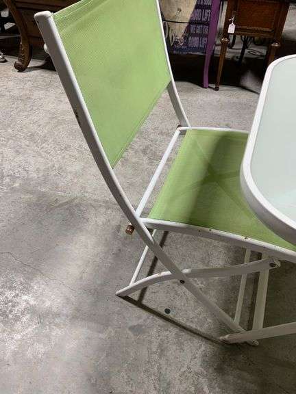 Folding Bistro Set with White Metal Frame and Green Mesh Chairs