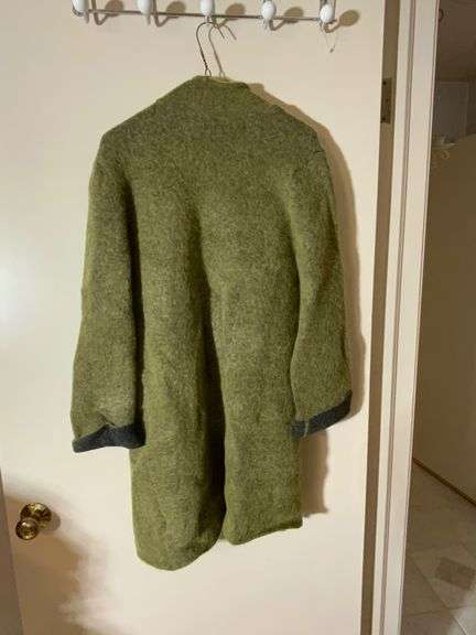 Eileen Fisher Mohair Cardigan in Olive and Gray, Size Medium