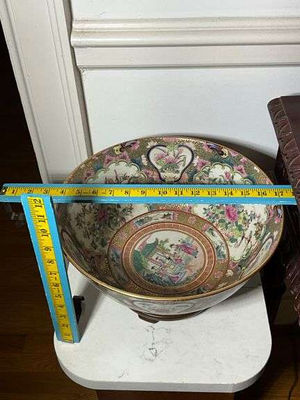 Porcelain Decorative Bowl with Floral and Figurative Motifs on Wooden Base
