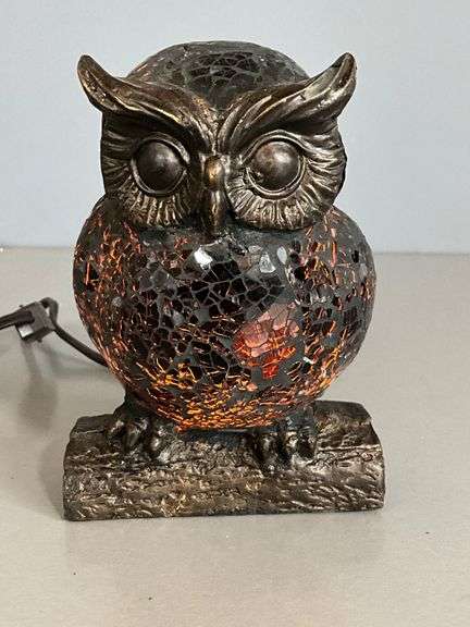 Black Mosaic Glass and Metal Owl Table Lamp
