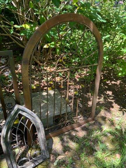 Decorative Yard Art Featuring Two Wood-Framed Pieces and One Metal Piece