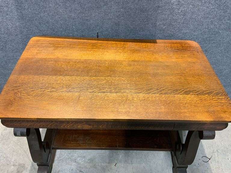 Wooden Oak Desk with Decorative Base and Single Drawer