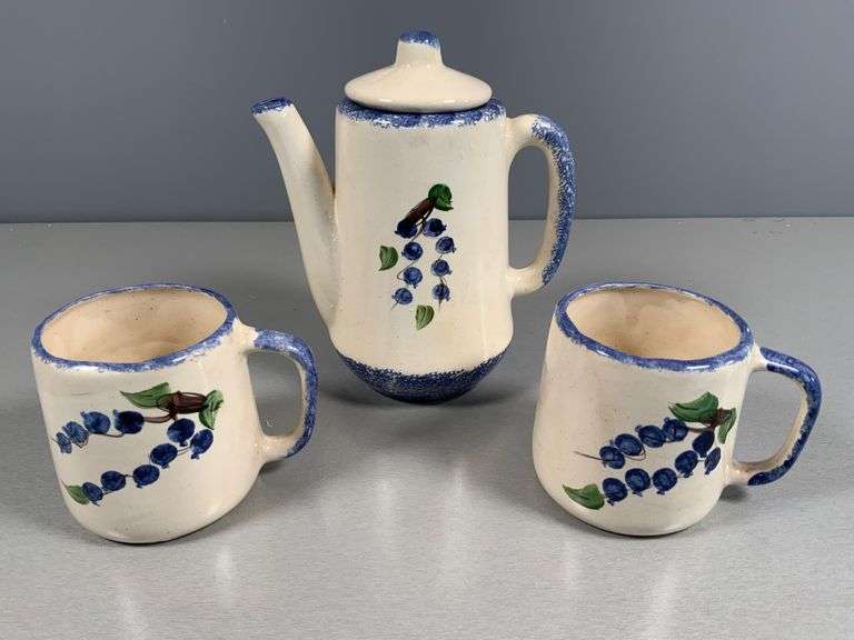 Hand-Painted Ceramic Coffee Pot and Mug Set with Blueberry Design