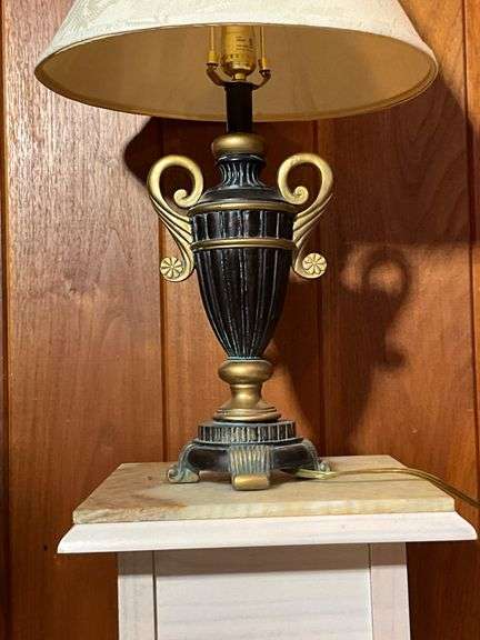 Metal Table Lamp with Decorative Urn-Style Base and Fabric Shade