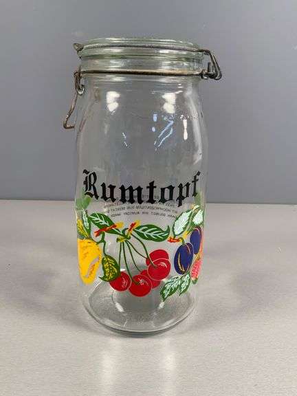 Glass Rumtopf Jar with Fruit Design and Bail Lid