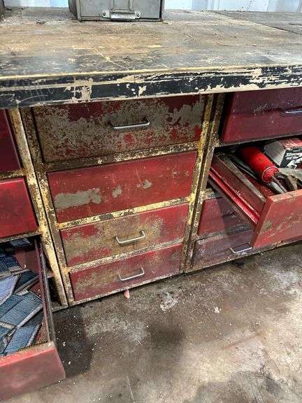 Industrial-Style Workbench with Storage Drawers and Shelving