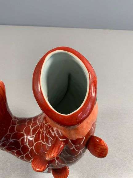 Red Ceramic Fish-Shaped Vase with White Interior and Scaled Detailing