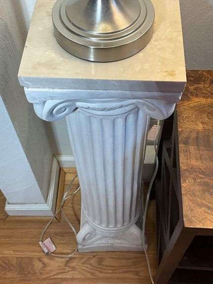 White Fluted Column Pedestal with Marble Top Accent